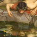 Echo and Narcissus by JW Waterhouse: Narcissus captivated by his own image