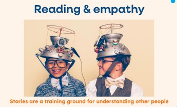 Reading and Empathy: Photo of kids wearing emapthy Gizmo made of a kitchen colander and antennae